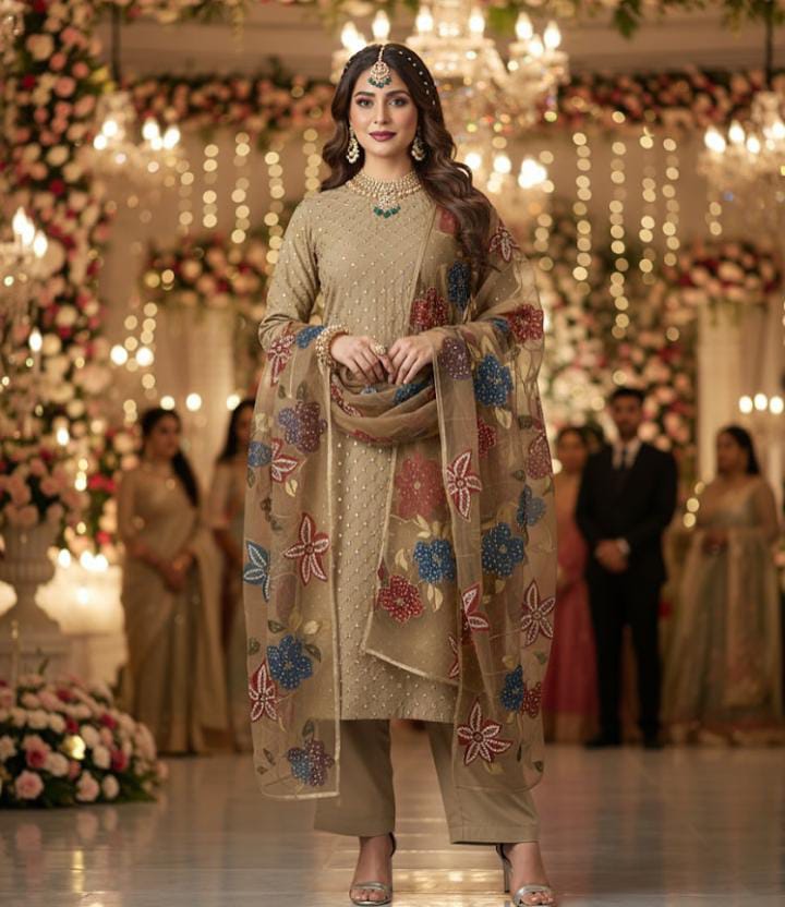 Fancy Party Wear Soft Organza 3PC Suit – Pani Sheesha Work Shirt, 4 Side Brush Pant Trouser & Handwork Dupatta with 9 Bunches