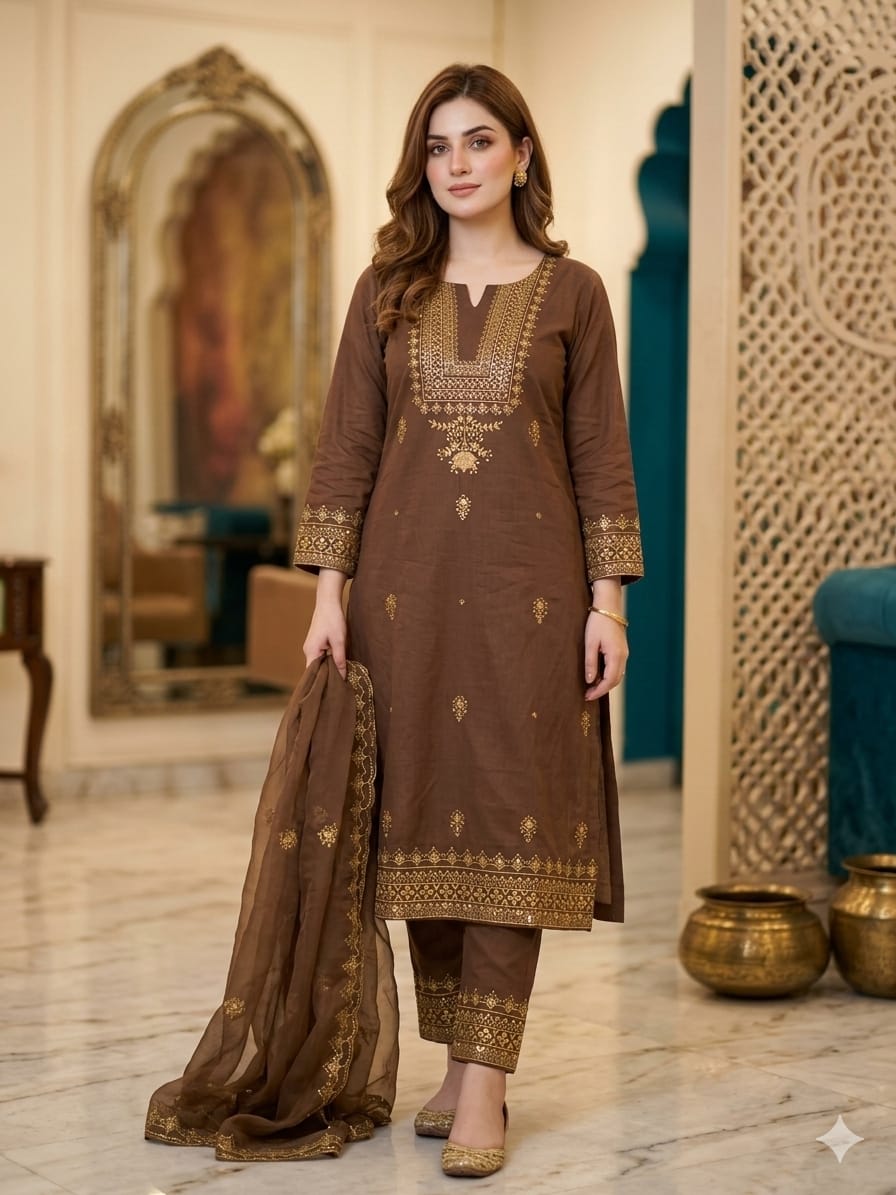 3PC Soft Lawn Cotton Sequins Suit – 3mm Sequence Work Shirt, Chiffon Sequins Dupatta & Sequins Trouser