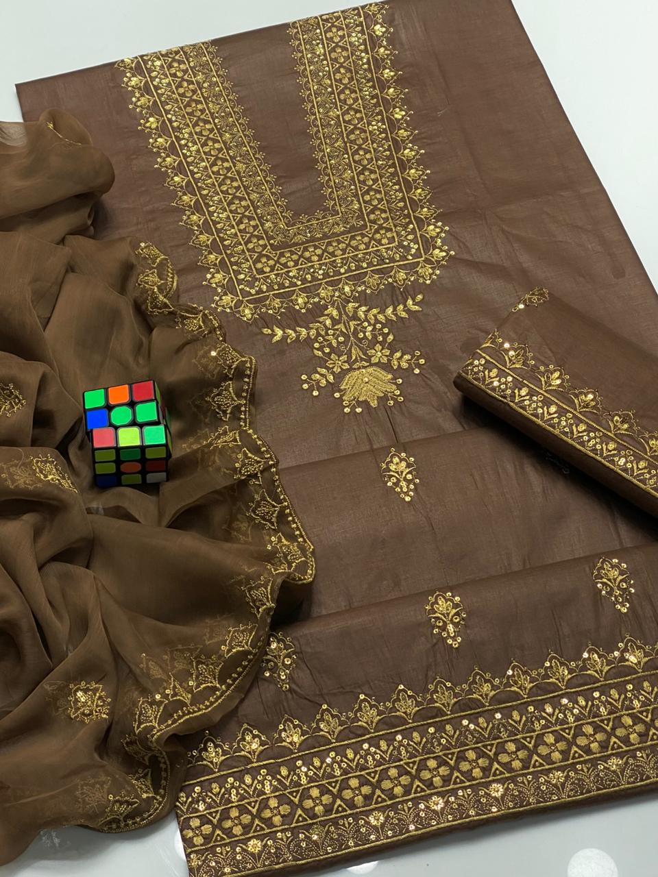 3PC Soft Lawn Cotton Sequins Suit – 3mm Sequence Work Shirt, Chiffon Sequins Dupatta & Sequins Trouser