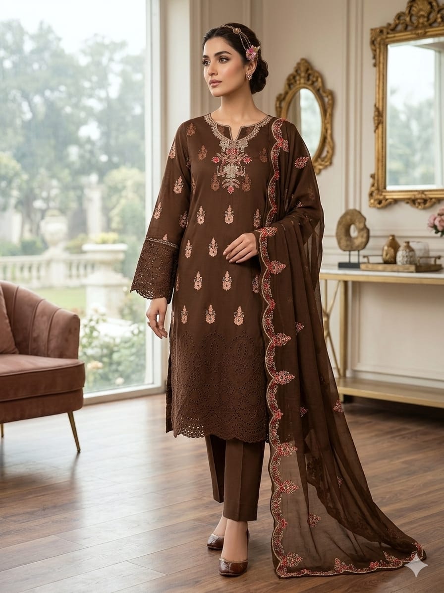 3PC Lawn Embroidered Suit – Front & Sleeves Emb Shirt, Tissue Handmade Gala, Embroidered Dupatta & Plain Trouser