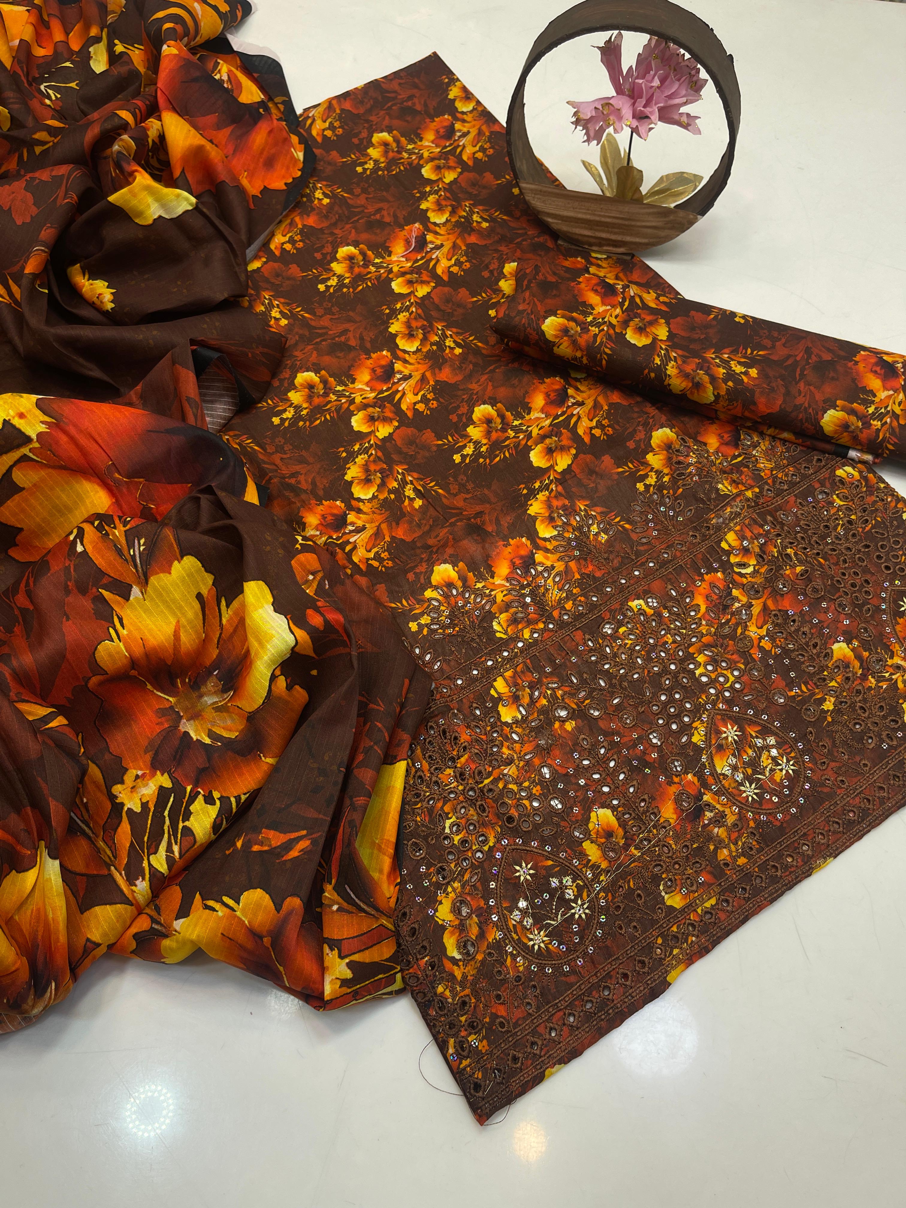 3PC Premium Lawn Digital Print Suit – Poring Daman Embroidered Shirt, Printed & Embroidered Dupatta & Matching Trouser