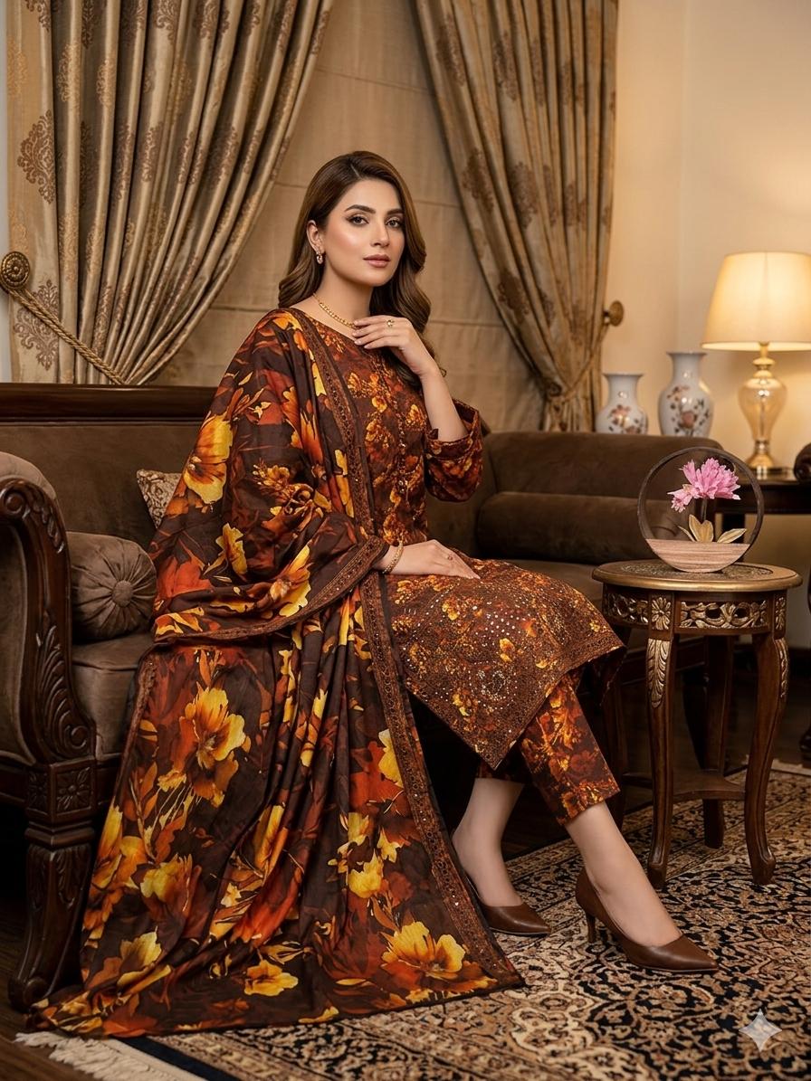 3PC Premium Lawn Digital Print Suit – Poring Daman Embroidered Shirt, Printed & Embroidered Dupatta & Matching Trouser