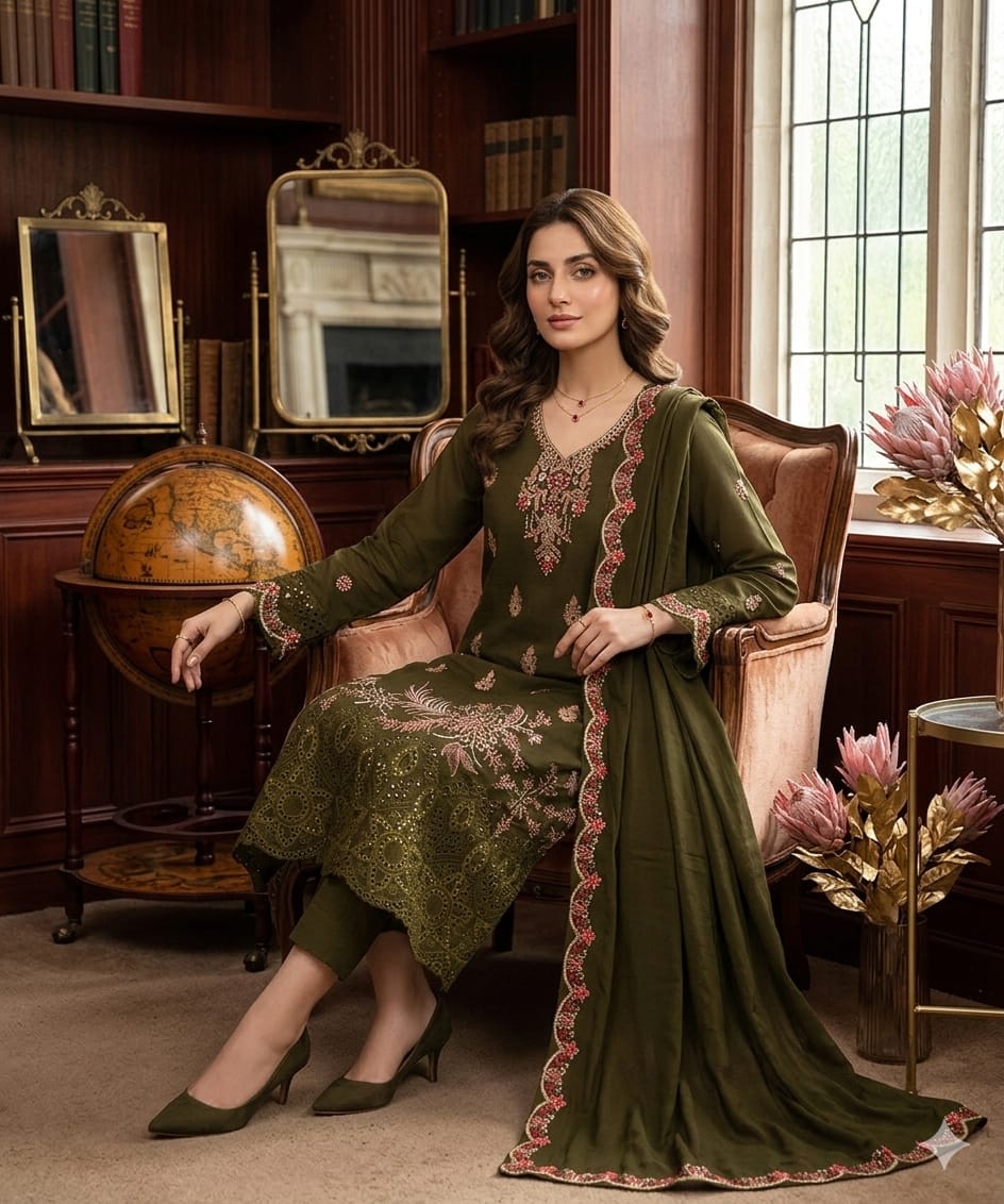 3PC Lawn Embroidered Suit – Front & Sleeves Emb Shirt, Tissue Handmade Gala, Embroidered Dupatta & Plain Trouser