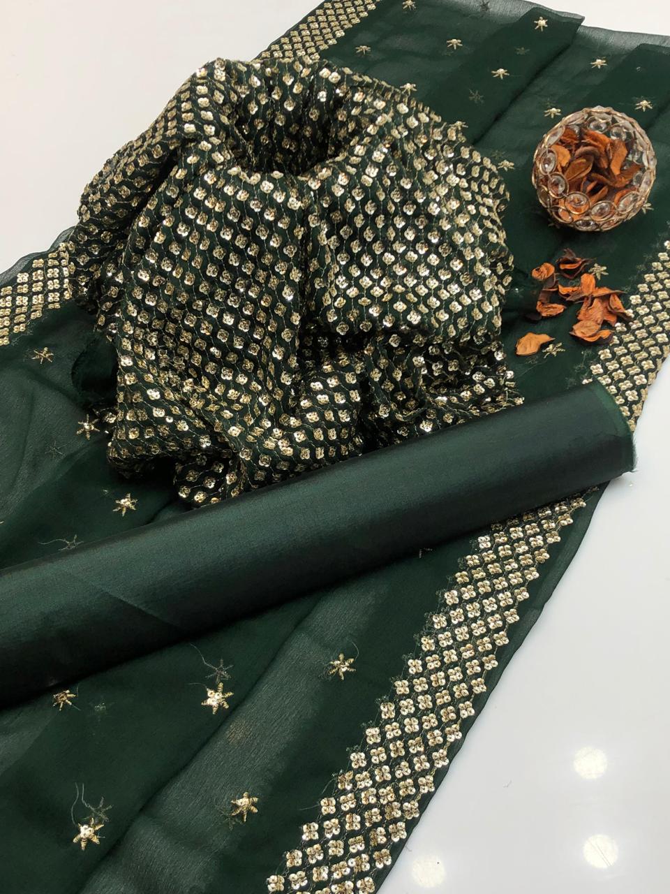 3PC Customized Chiffon Sequins Embroidered Suit – Front & Back Shirt, Sequins Border Dupatta & Kataan Silk Trouser
