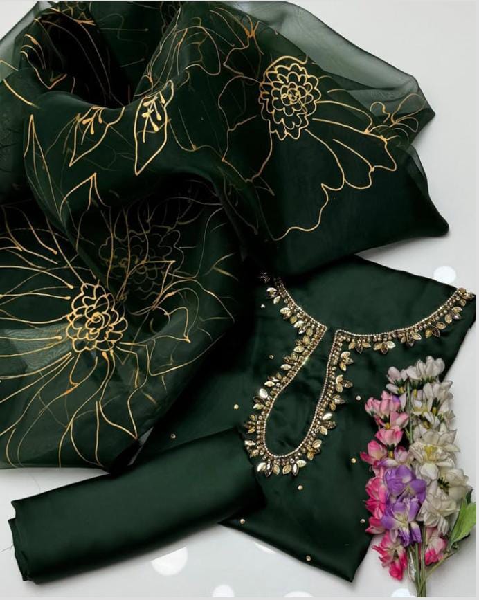 3-Piece Unstitched Shamoz Silk Suit – Embroidered Shirt with Organza Brush Dupatta