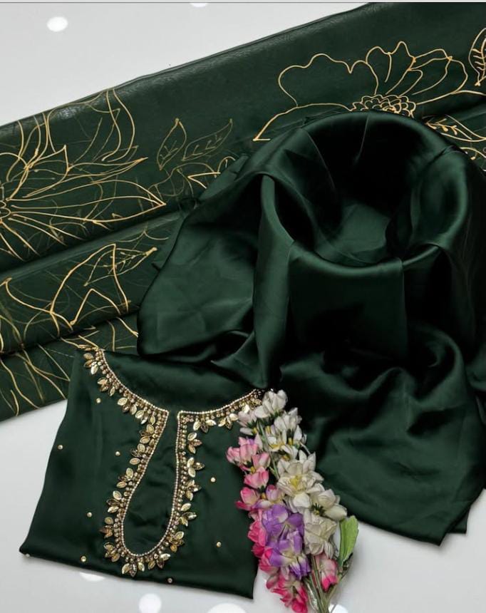 3-Piece Unstitched Shamoz Silk Suit – Embroidered Shirt with Organza Brush Dupatta