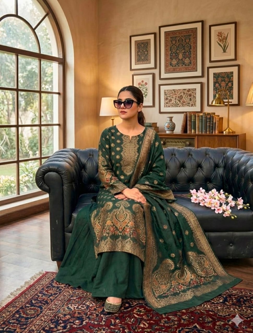 New Eid Collection 5 Piece Khaddi Lawn Jacquard Borshia Suit – Shirt, Jacquard Dupatta, Plain Trouser & Separate Sleeves
