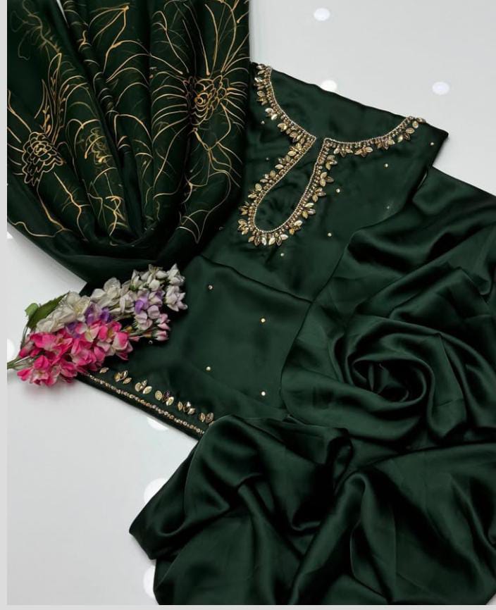 3-Piece Unstitched Shamoz Silk Suit – Embroidered Shirt with Organza Brush Dupatta