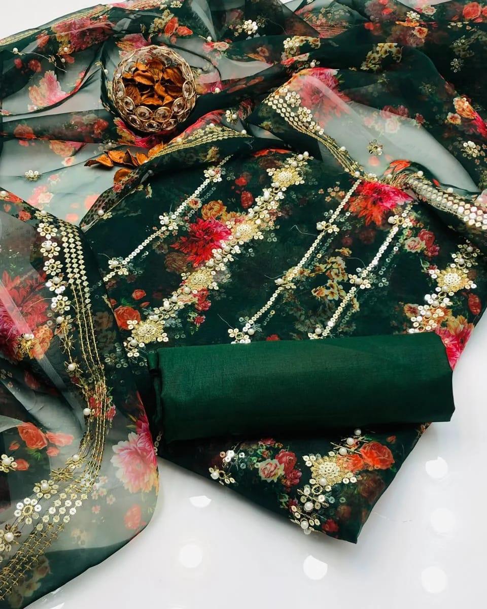 3PC Organza Digital Embroidered Suit – Pearl Work Front & Back Shirt, Printed Pearl Border Dupatta & Kataan Silk Trouser