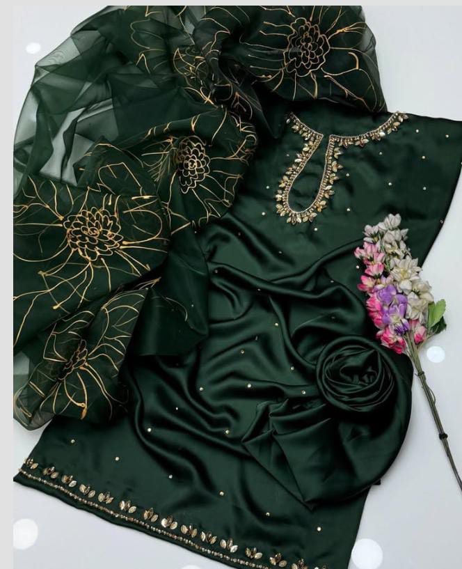 3-Piece Unstitched Shamoz Silk Suit – Embroidered Shirt with Organza Brush Dupatta