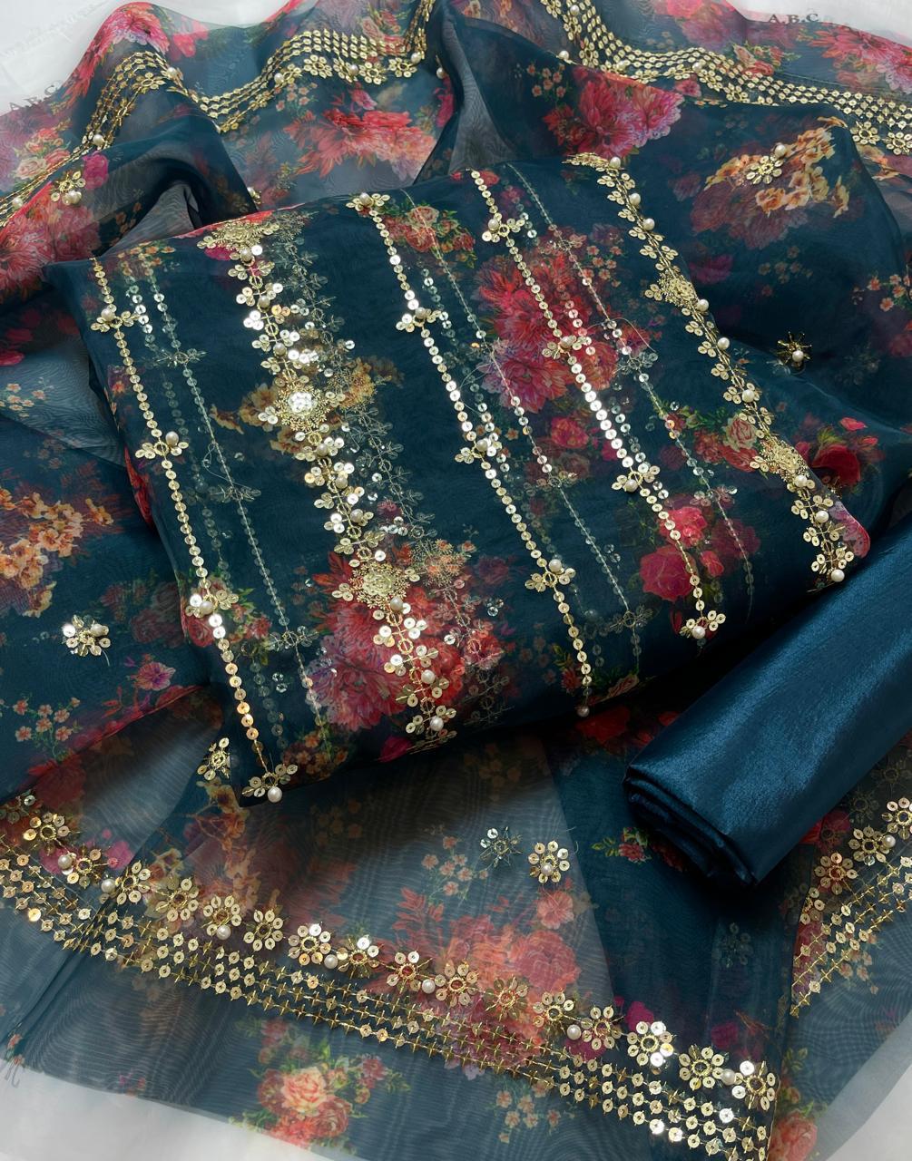3PC Organza Digital Embroidered Suit – Pearl Work Front & Back Shirt, Printed Pearl Border Dupatta & Kataan Silk Trouser
