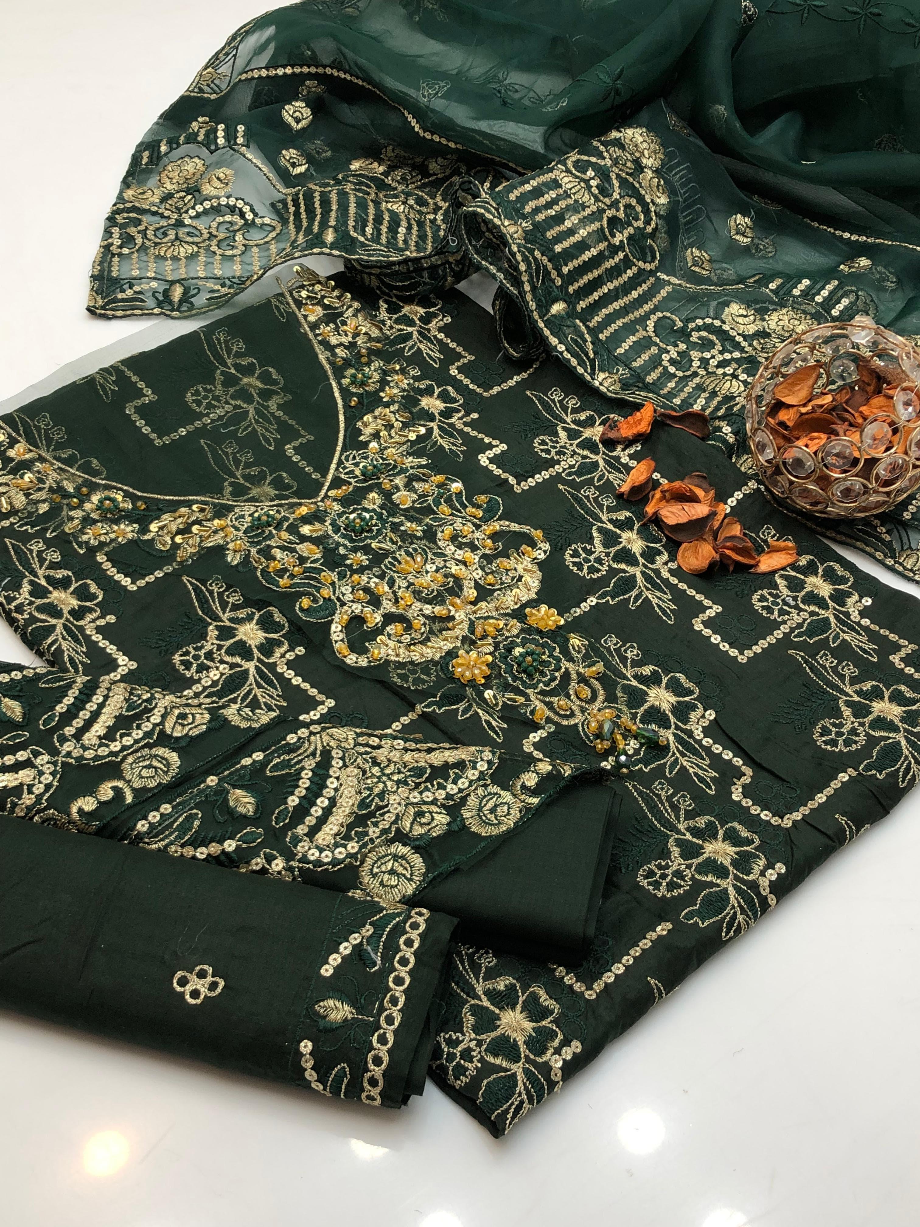 3PC Lawn Embroidered Suit – Front & Sleeves Emb Shirt, Tissue Beaded Gala, Organza Emb Dupatta & Plain Trouser
