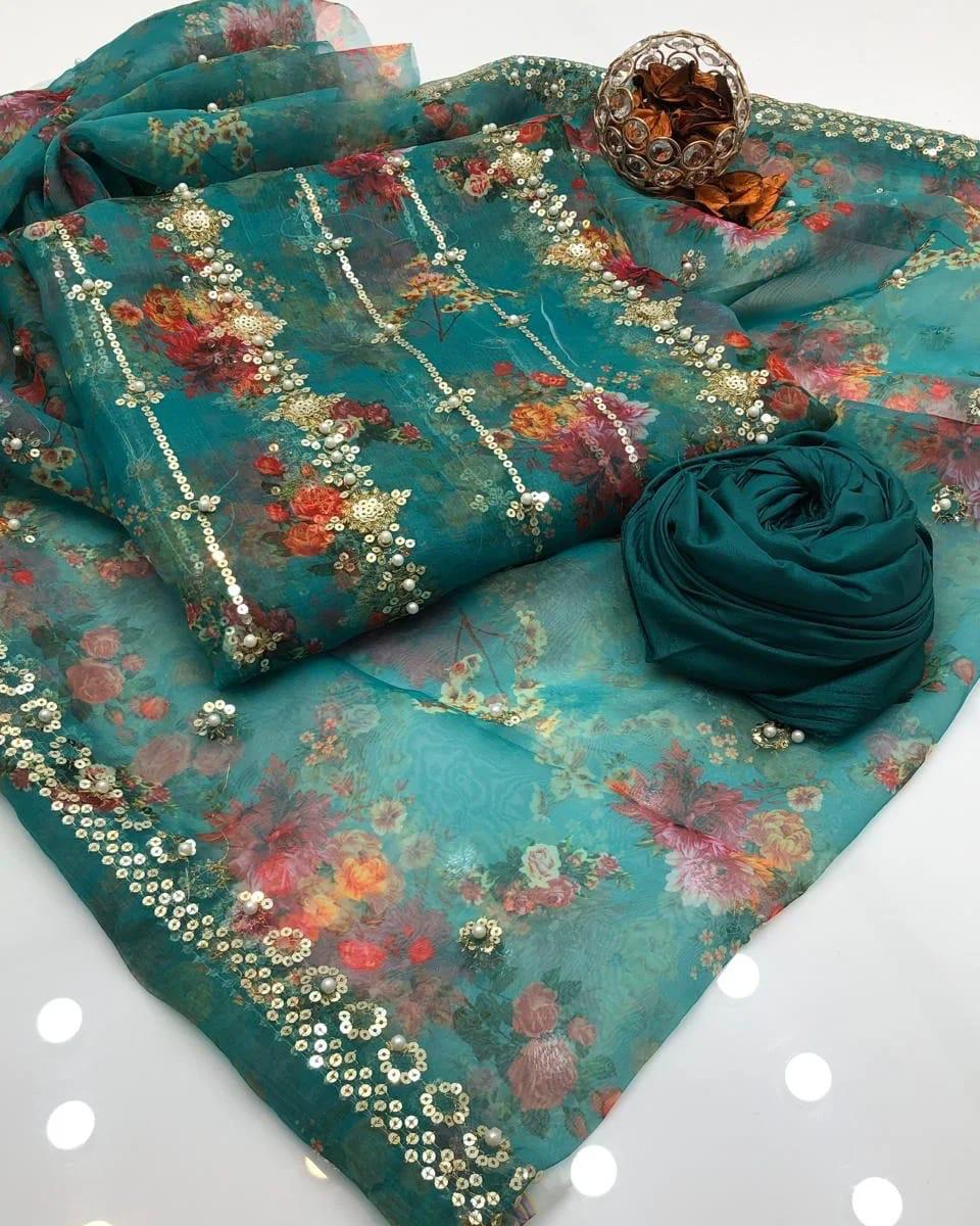 3PC Organza Digital Embroidered Suit – Pearl Work Front & Back Shirt, Printed Pearl Border Dupatta & Kataan Silk Trouser