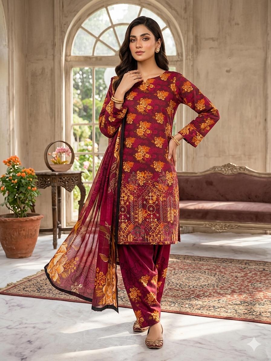 3PC Premium Lawn Digital Print Suit – Poring Daman Embroidered Shirt, Printed & Embroidered Dupatta & Matching Trouser