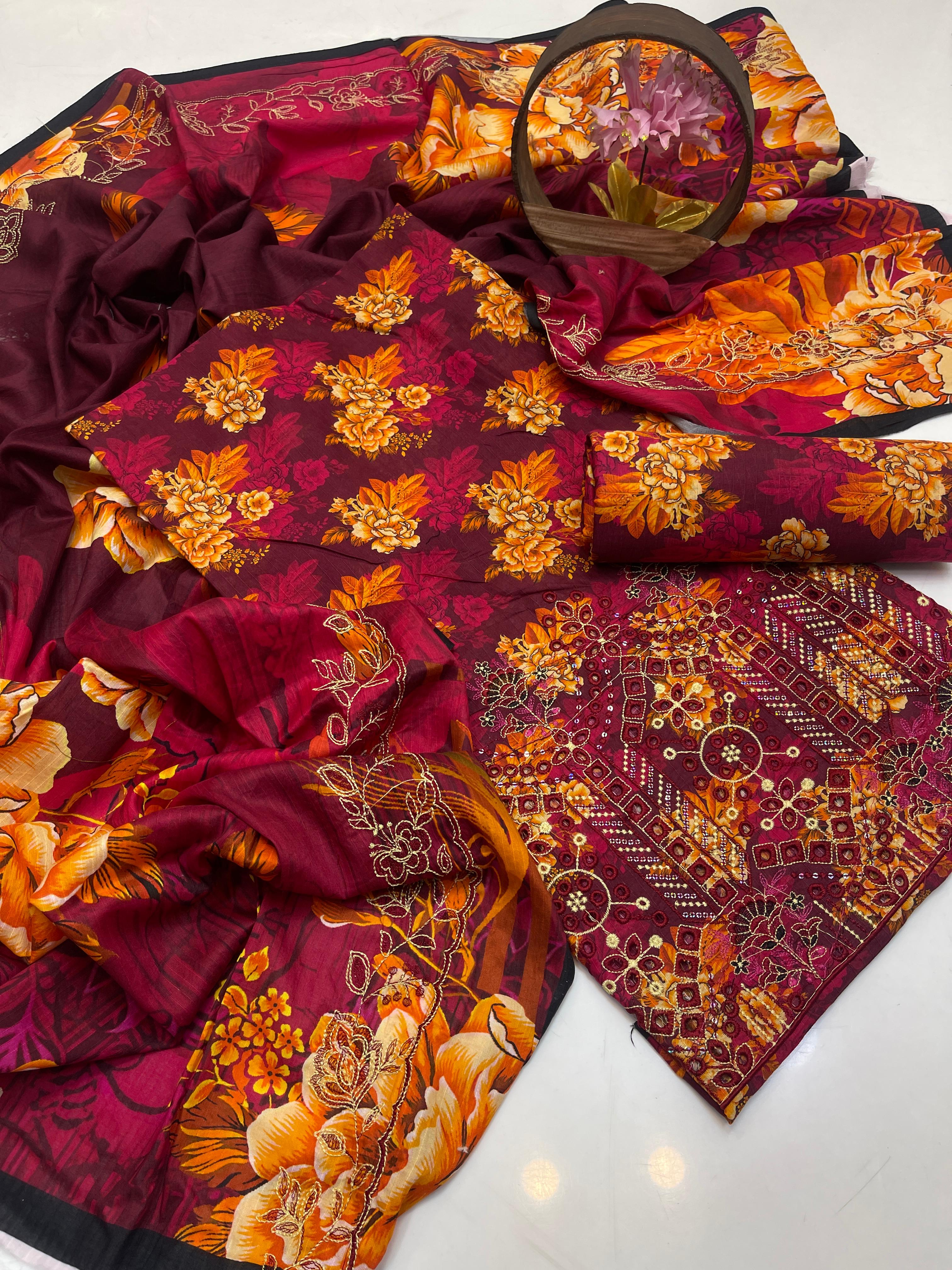 3PC Premium Lawn Digital Print Suit – Poring Daman Embroidered Shirt, Printed & Embroidered Dupatta & Matching Trouser