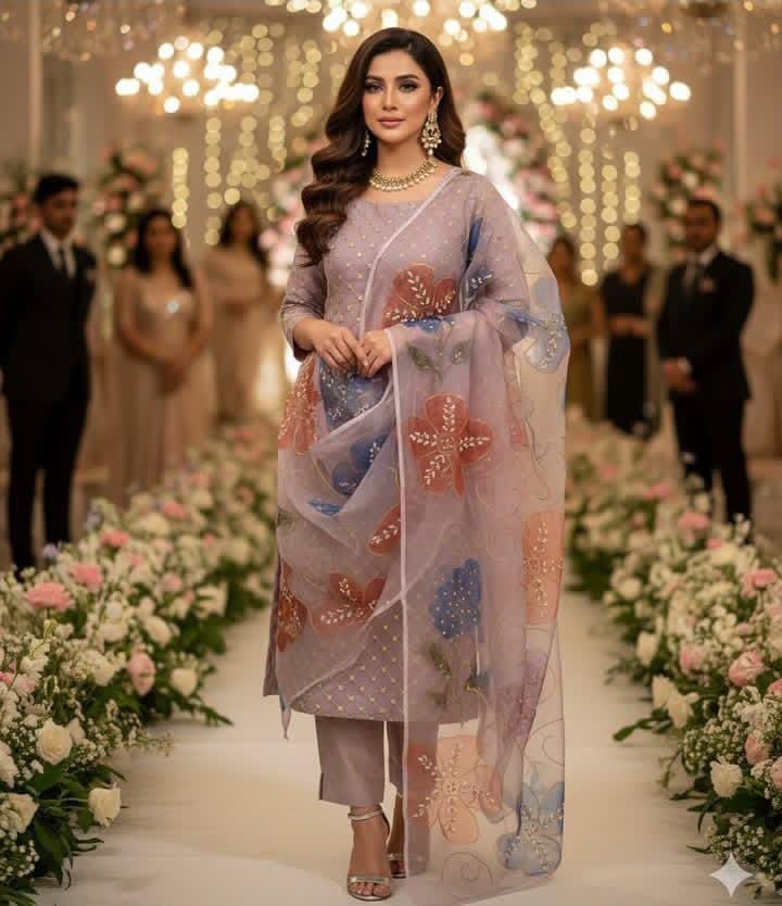 Fancy Party Wear Soft Organza 3PC Suit – Pani Sheesha Work Shirt, 4 Side Brush Pant Trouser & Handwork Dupatta with 9 Bunches