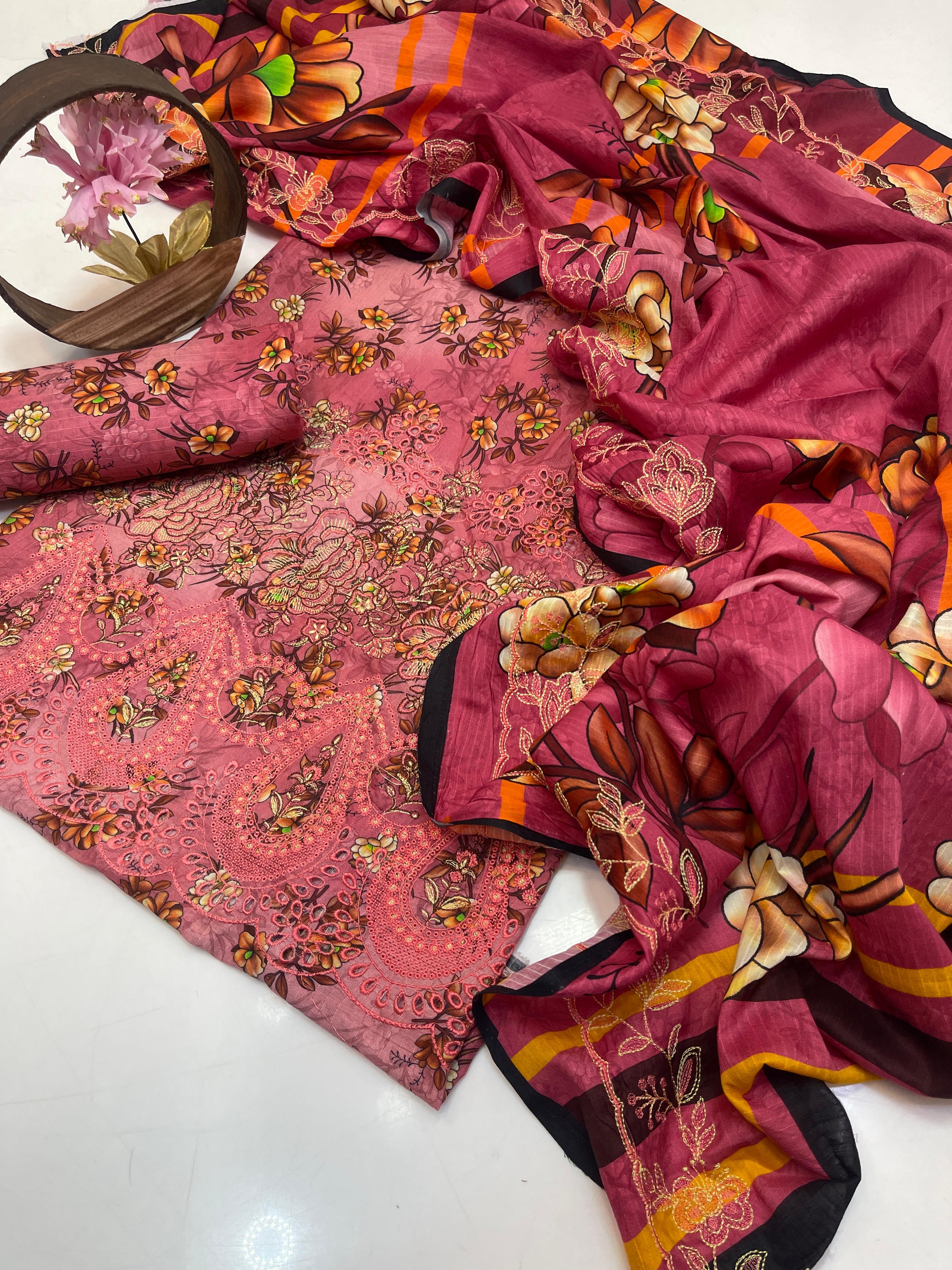 3PC Premium Lawn Digital Print Suit – Poring Daman Embroidered Shirt, Printed & Embroidered Dupatta & Matching Trouser