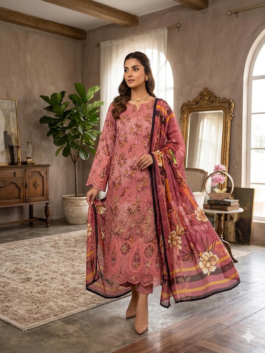3PC Premium Lawn Digital Print Suit – Poring Daman Embroidered Shirt, Printed & Embroidered Dupatta & Matching Trouser