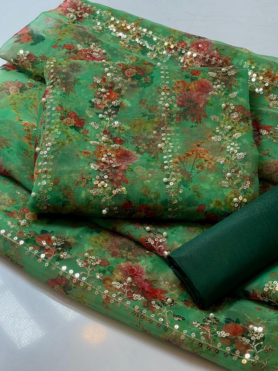 3PC Organza Digital Embroidered Suit – Pearl Work Front & Back Shirt, Printed Pearl Border Dupatta & Kataan Silk Trouser
