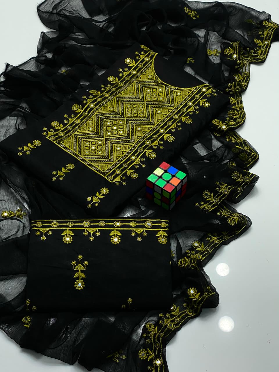 3PC Lawn Cotton Mirror Work Suit – New 9MM Plastic Mirror Emb Shirt, Heavy Emb Trouser & Chiffon Dupatta