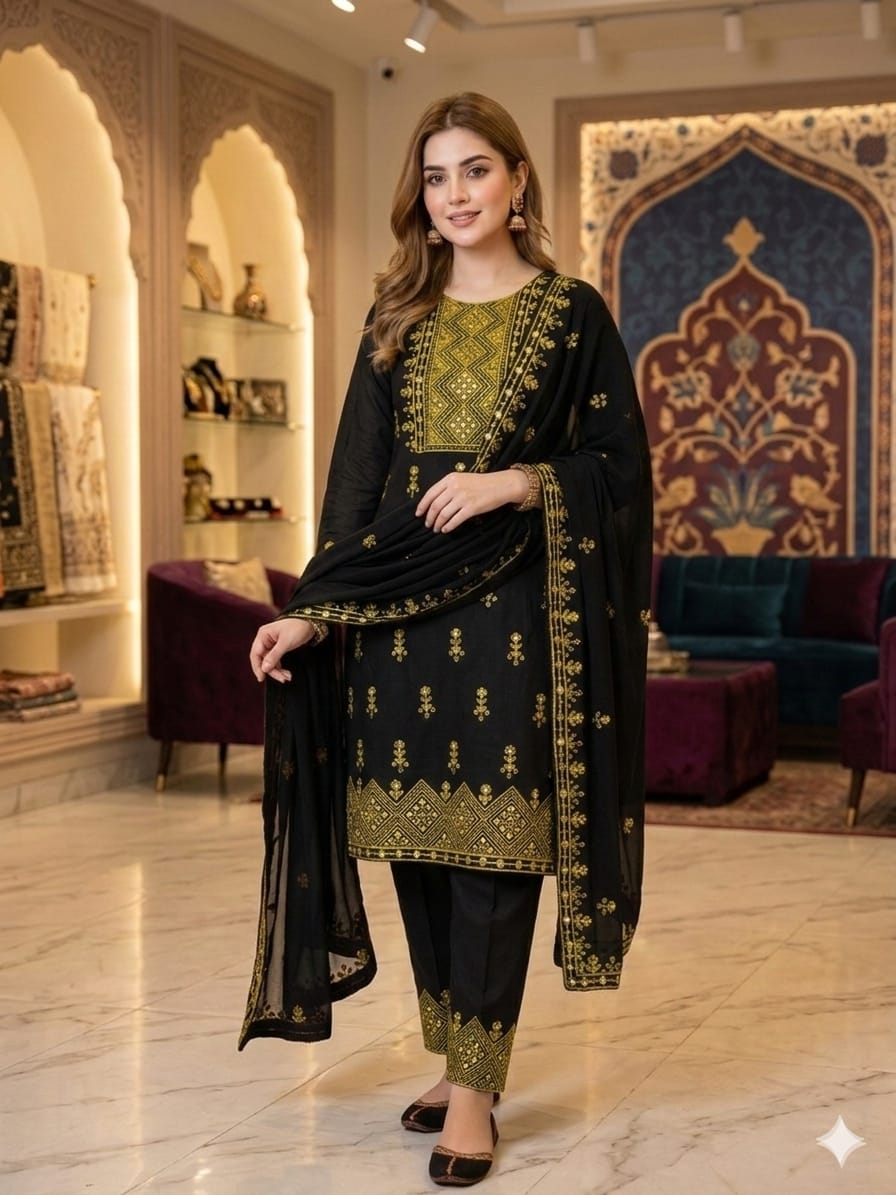 3PC Lawn Cotton Mirror Work Suit – New 9MM Plastic Mirror Emb Shirt, Heavy Emb Trouser & Chiffon Dupatta
