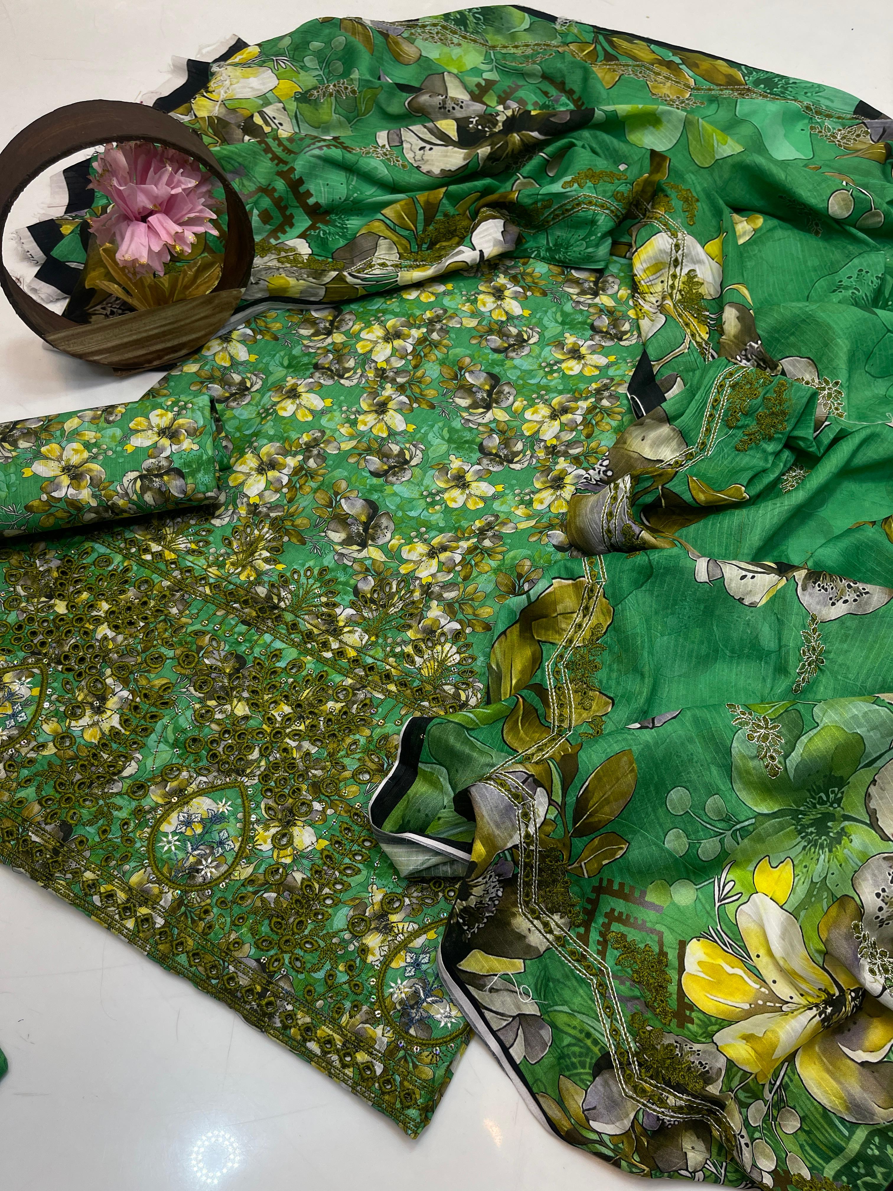 3PC Premium Lawn Digital Print Suit – Poring Daman Embroidered Shirt, Printed & Embroidered Dupatta & Matching Trouser