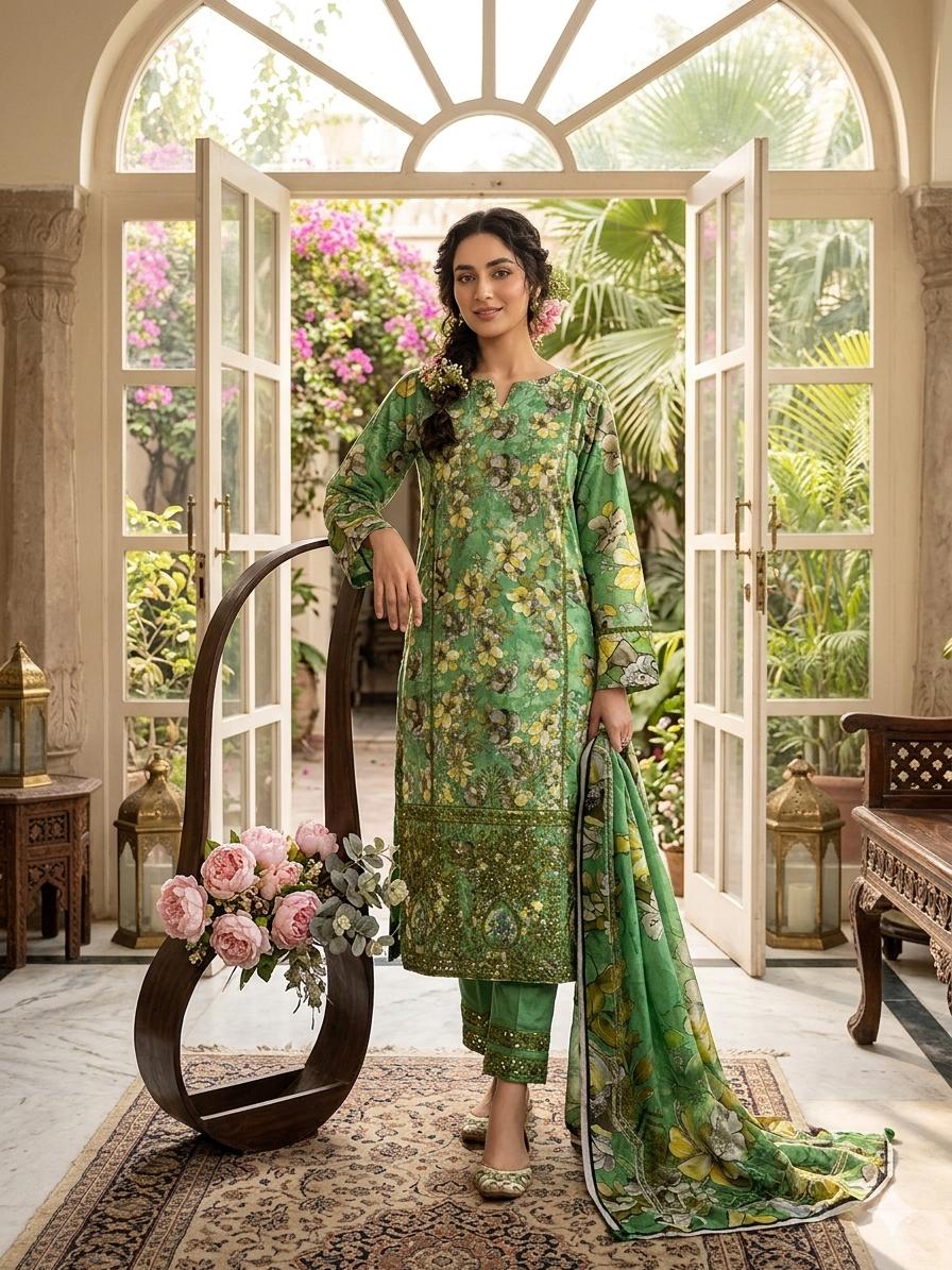 3PC Premium Lawn Digital Print Suit – Poring Daman Embroidered Shirt, Printed & Embroidered Dupatta & Matching Trouser