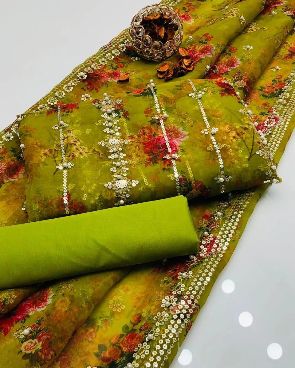 3PC Organza Digital Embroidered Suit – Pearl Work Front & Back Shirt, Printed Pearl Border Dupatta & Kataan Silk Trouser