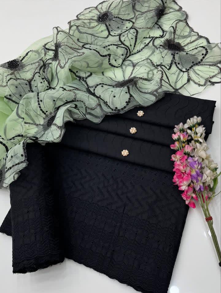 3PC Cotton Lawn Chikankari Embroidered Suit – Glitter Oil Paint Shirt, Sequence Beads Work & 4 Side Cut Work Organza Dupatta