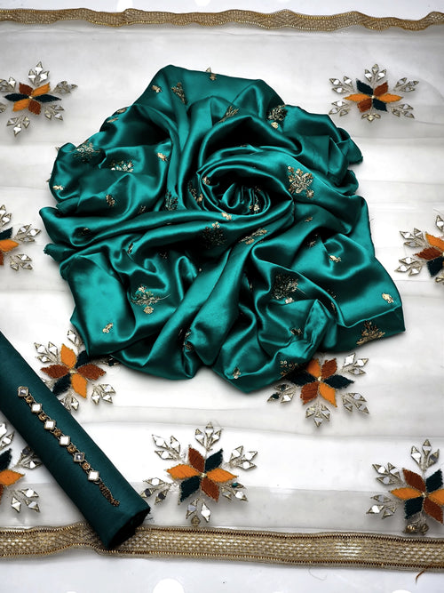 3-Piece Unstitched Fancy Dress – Shamooz Silk Embroidered Shirt with Indian Net Dupatta