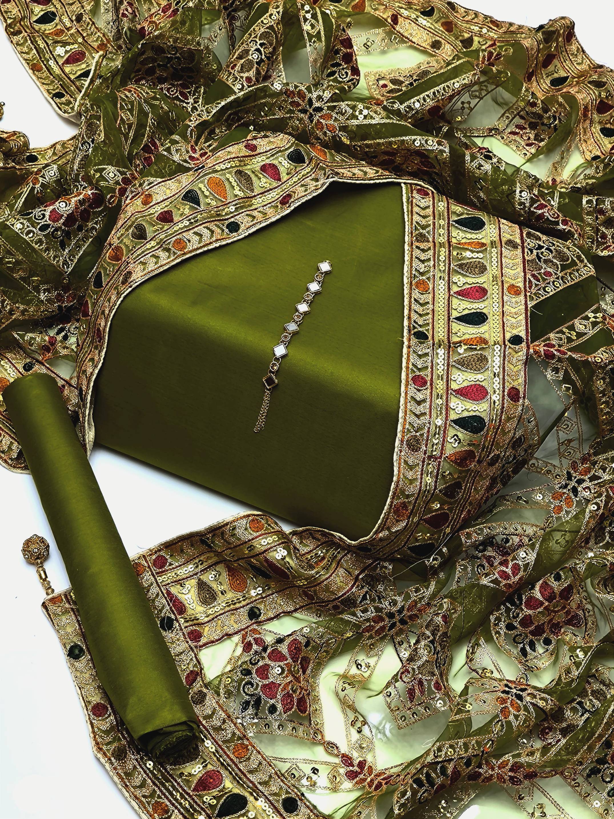 3-Piece Unstitched Kataan Silk Suit – Heavy Indian Embroidered Dupatta & Neckline Gift