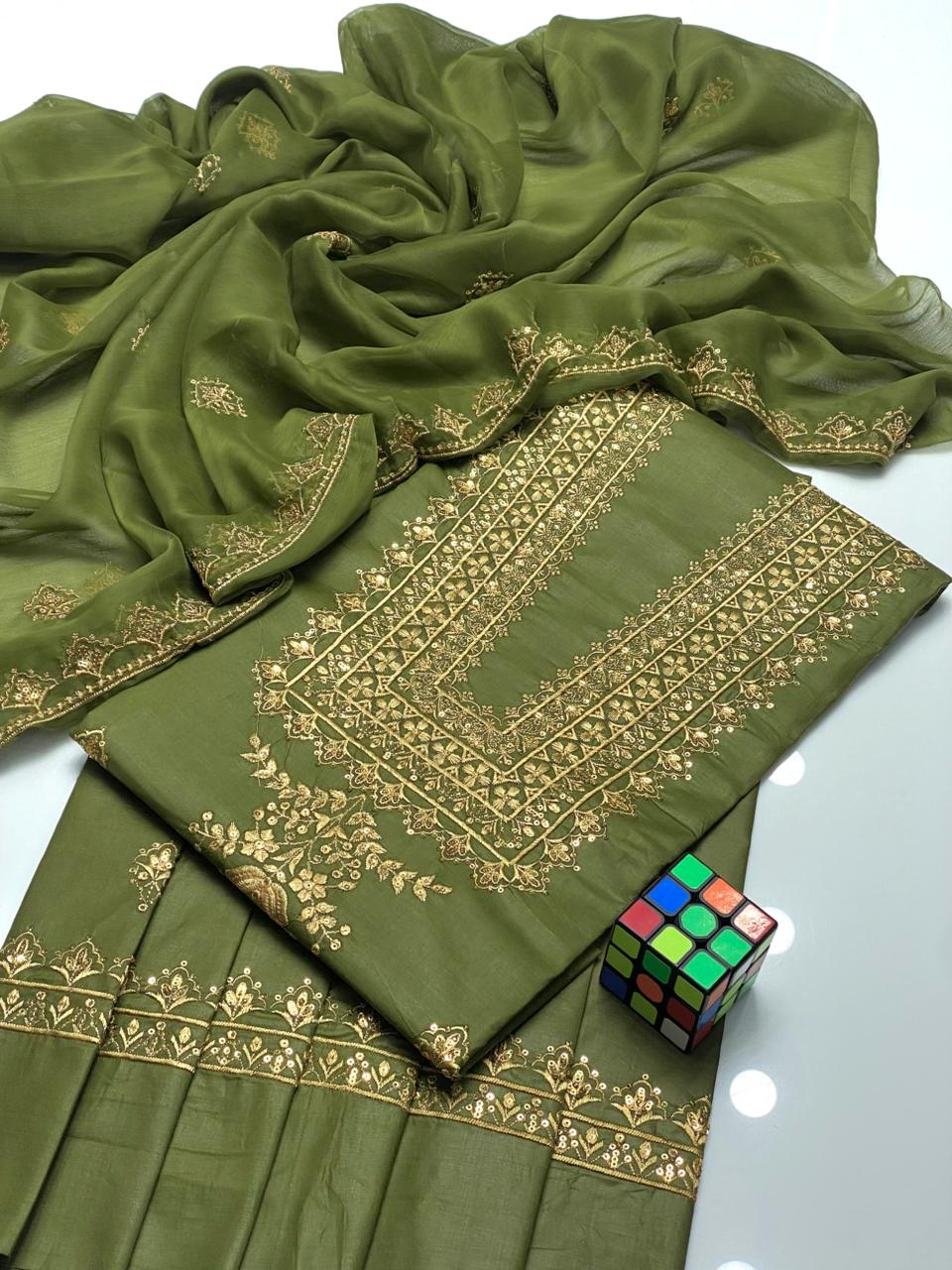 3PC Soft Lawn Cotton Sequins Suit – 3mm Sequence Work Shirt, Chiffon Sequins Dupatta & Sequins Trouser