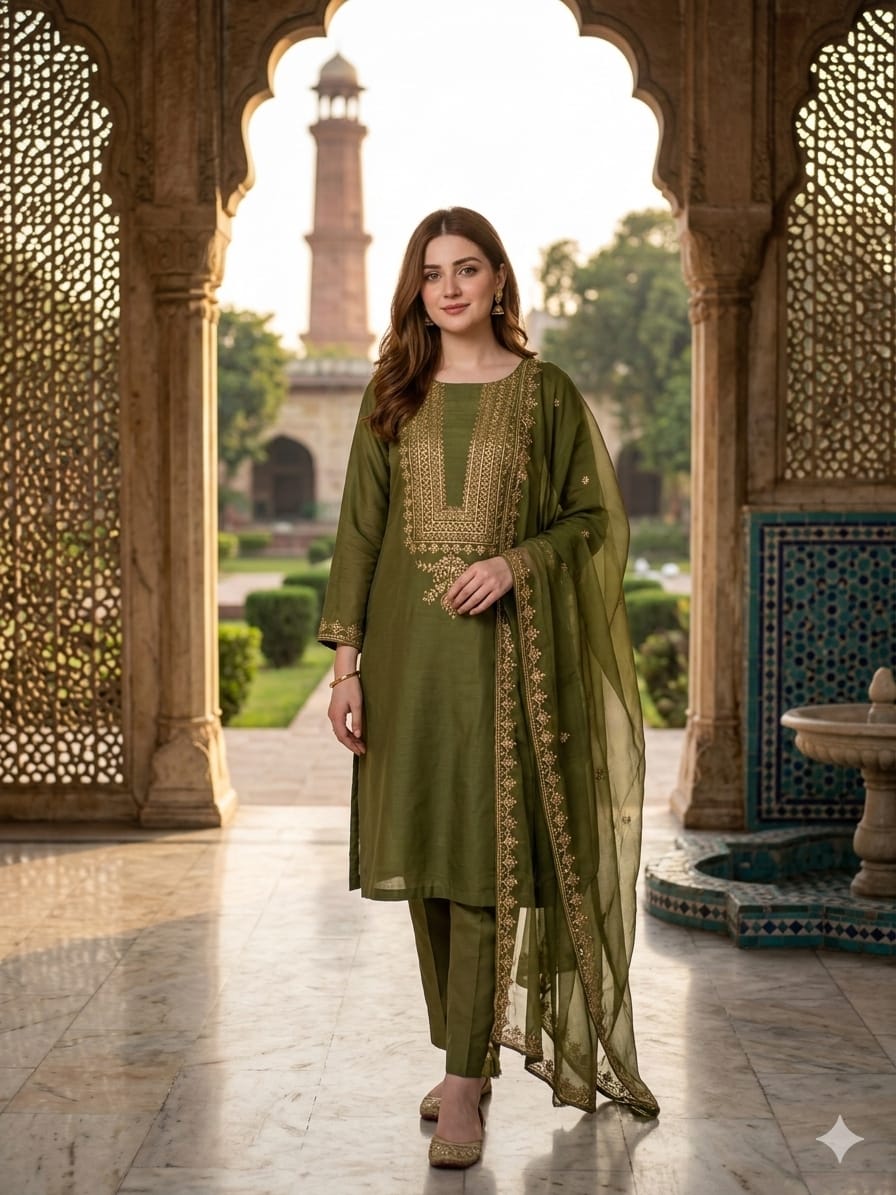 3PC Soft Lawn Cotton Sequins Suit – 3mm Sequence Work Shirt, Chiffon Sequins Dupatta & Sequins Trouser