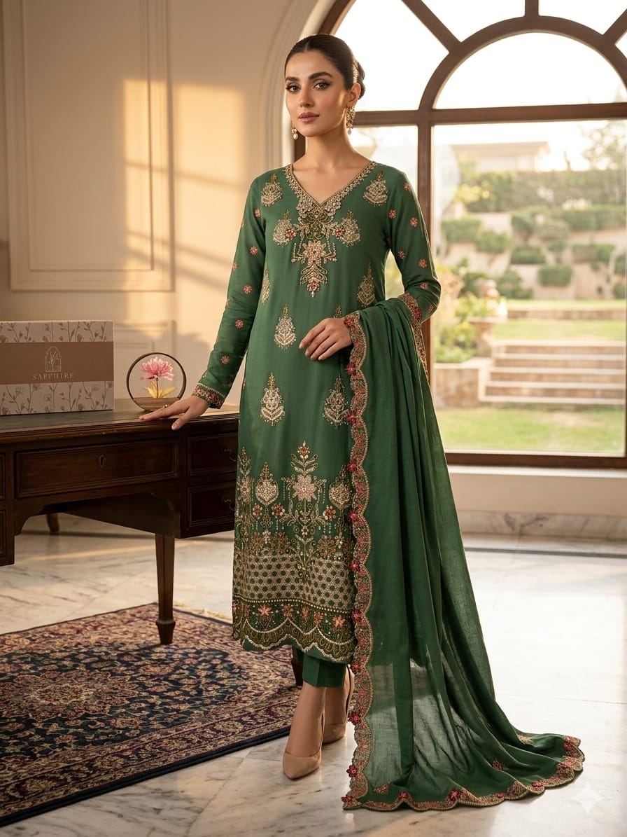 3PC Lawn Embroidered Suit – Front & Sleeves Emb Shirt, Tissue Handmade Gala, Embroidered Dupatta & Plain Trouser