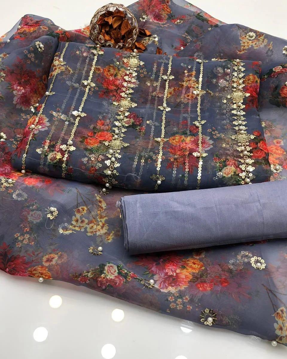 3PC Organza Digital Embroidered Suit – Pearl Work Front & Back Shirt, Printed Pearl Border Dupatta & Kataan Silk Trouser