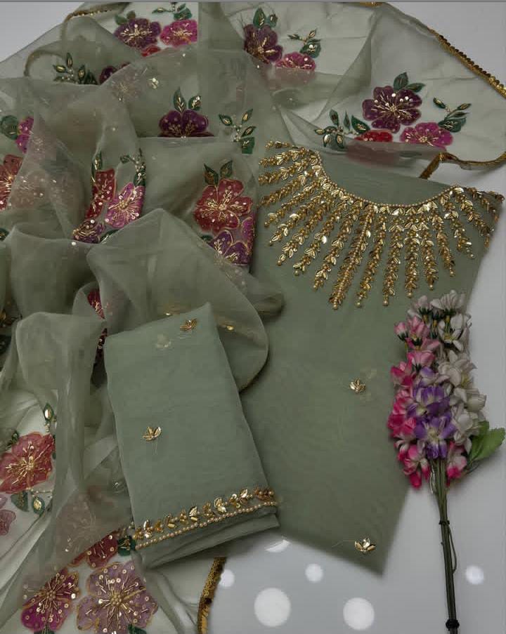 2-Piece Unstitched Organza Dress – Handwork Stones, Beads & Oil Paint Dupatta