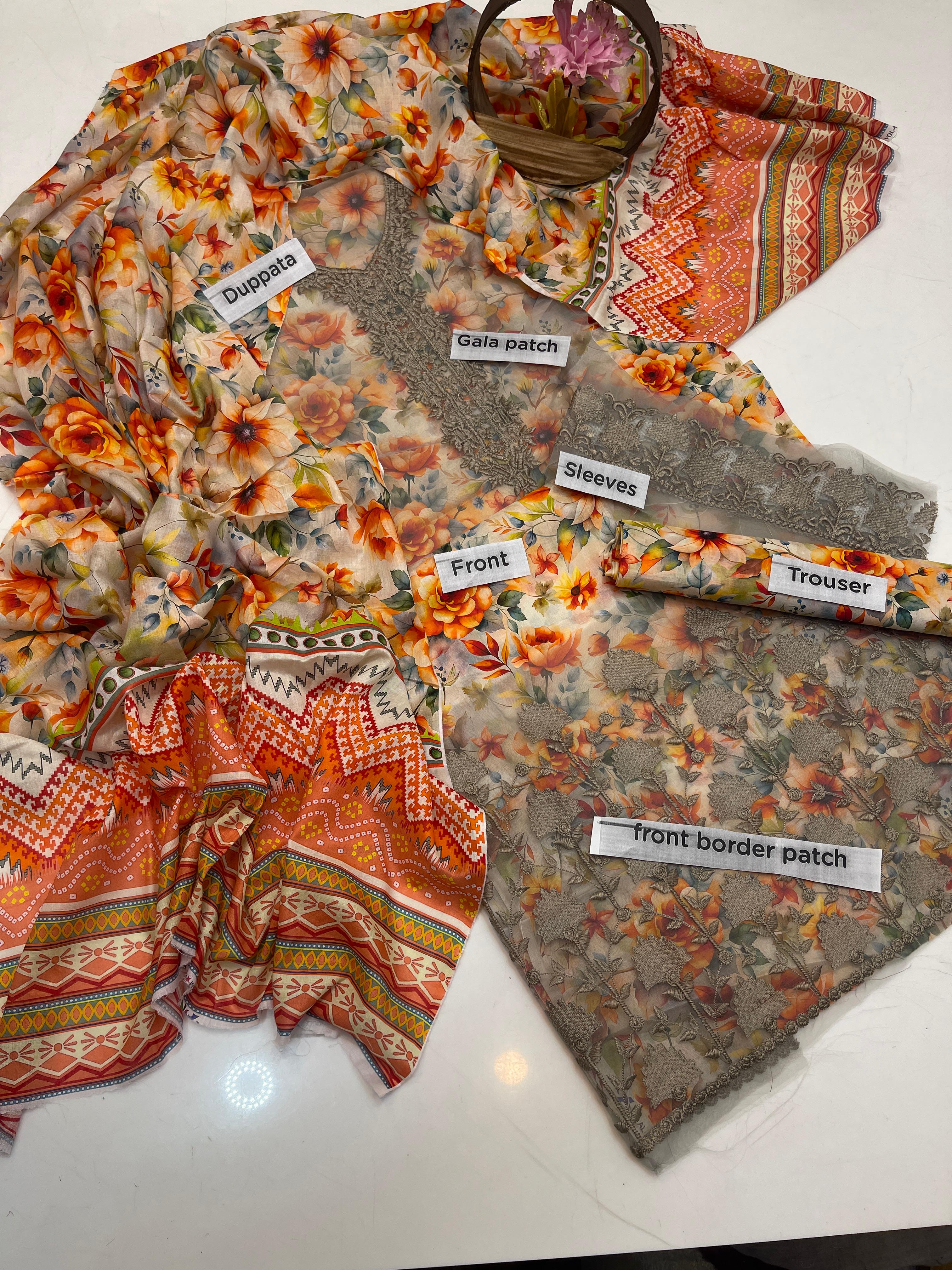 Eid Collection 3 Piece Digital Lawn Suit – 90/70 Lawn Shirt with Gala, Daman & Sleeves Patch + Digital Printed Trouser