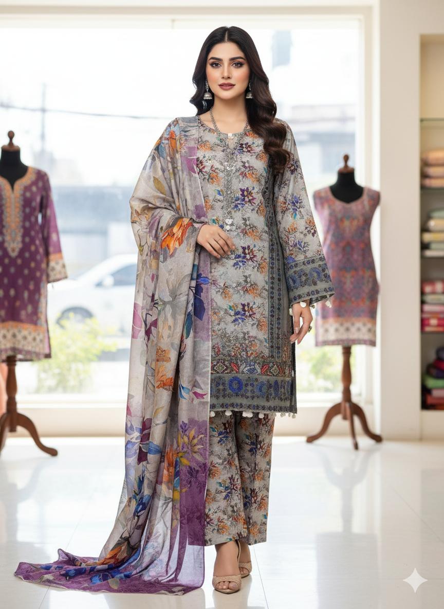 Eid Collection 3 Piece Digital Lawn Suit – 90/70 Lawn Shirt with Gala, Daman & Sleeves Patch + Digital Printed Trouser