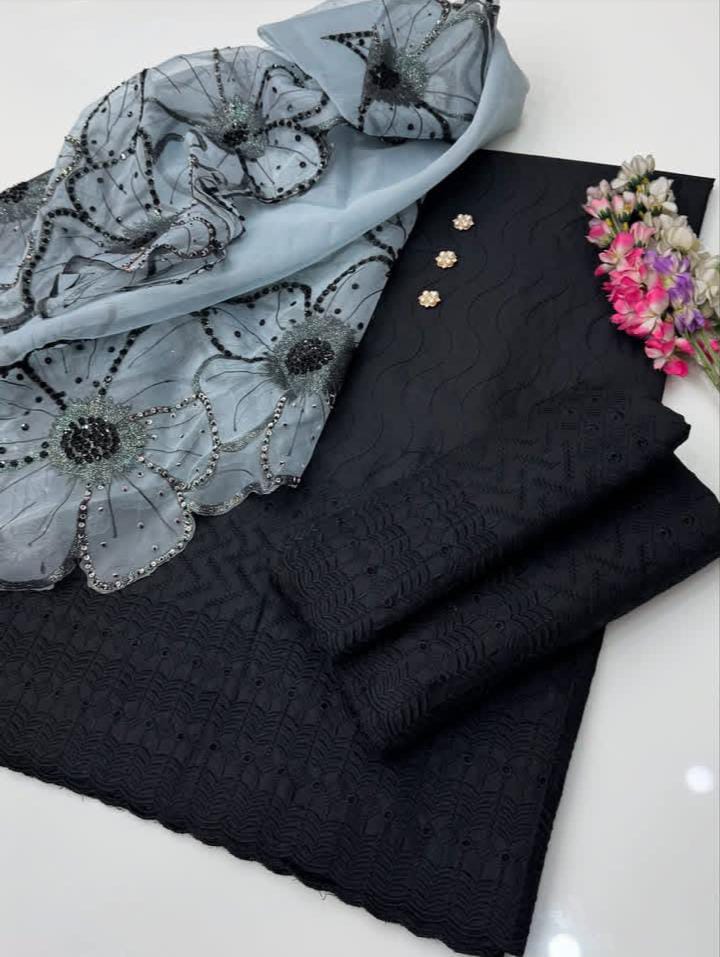3PC Cotton Lawn Chikankari Embroidered Suit – Glitter Oil Paint Shirt, Sequence Beads Work & 4 Side Cut Work Organza Dupatta