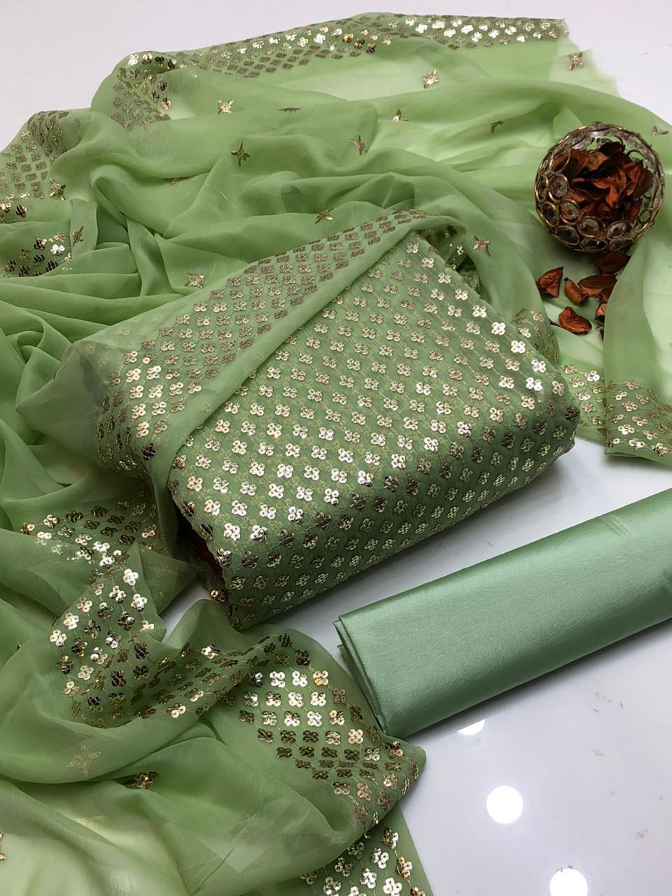 3PC Customized Chiffon Sequins Embroidered Suit – Front & Back Shirt, Sequins Border Dupatta & Kataan Silk Trouser
