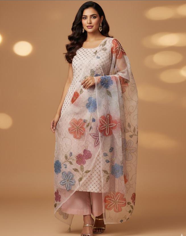 Fancy Party Wear Soft Organza 3PC Suit – Pani Sheesha Work Shirt, 4 Side Brush Pant Trouser & Handwork Dupatta with 9 Bunches
