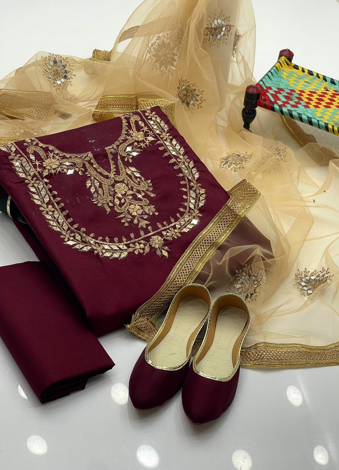 4-Piece Unstitched Fancy Dress – Kataan Mirror Work Suit with Net Dupatta & Khussa