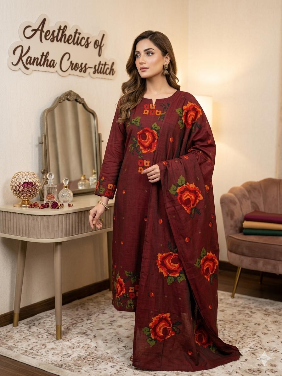 2PC Paper Cotton Cross Stitch Embroidered Suit – Shirt & Dupatta Set (New Collection)