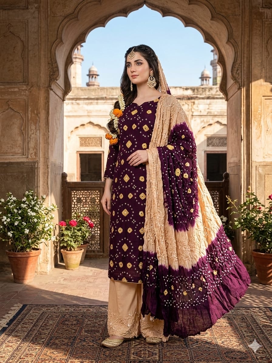 New 4 Piece Arabic Linen Chunnri Suit – Hand Dye Rajasthani Traditional Print Shirt, Trouser, Dupatta & Sleeves Set
