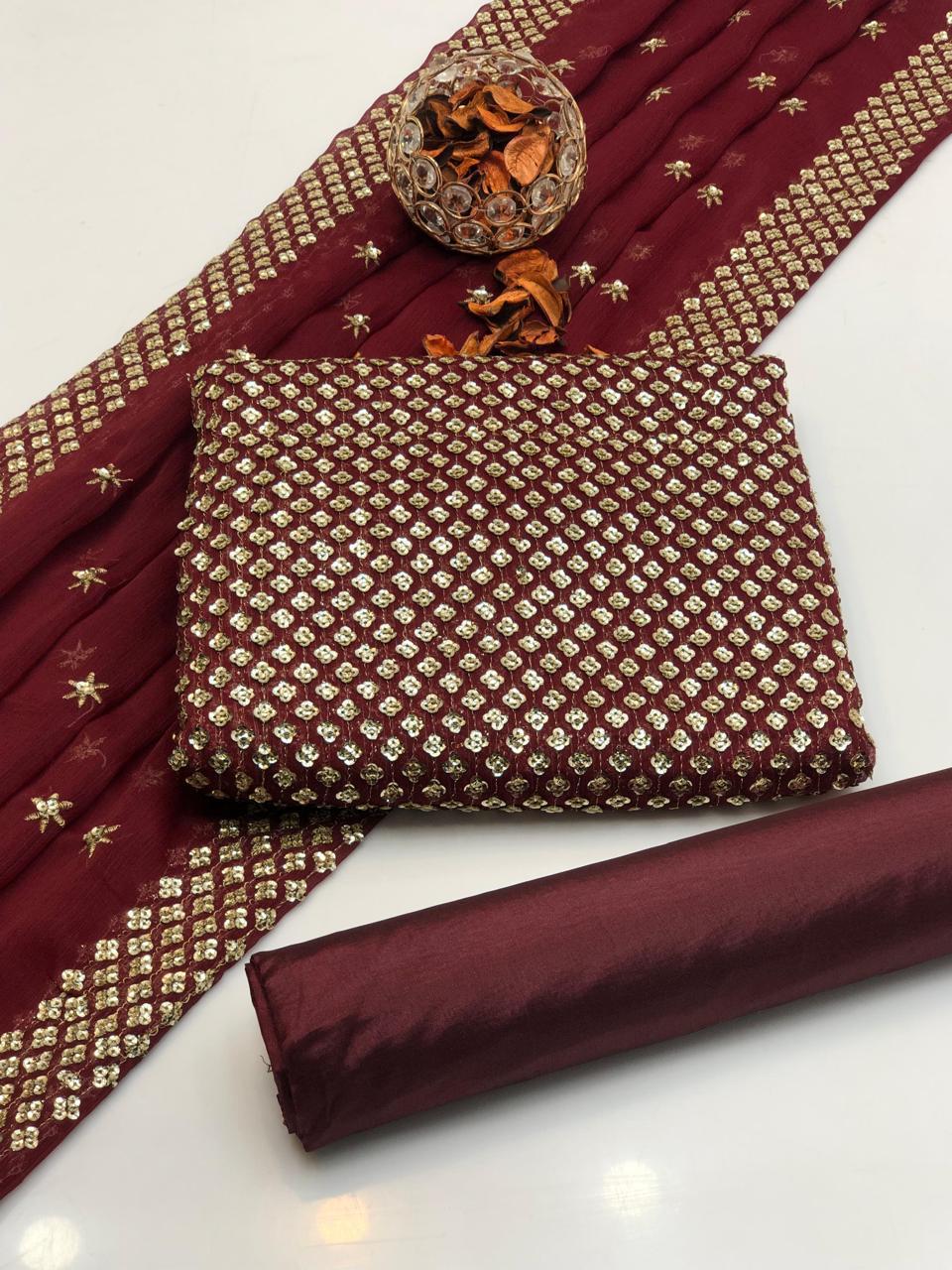 3PC Customized Chiffon Sequins Embroidered Suit – Front & Back Shirt, Sequins Border Dupatta & Kataan Silk Trouser