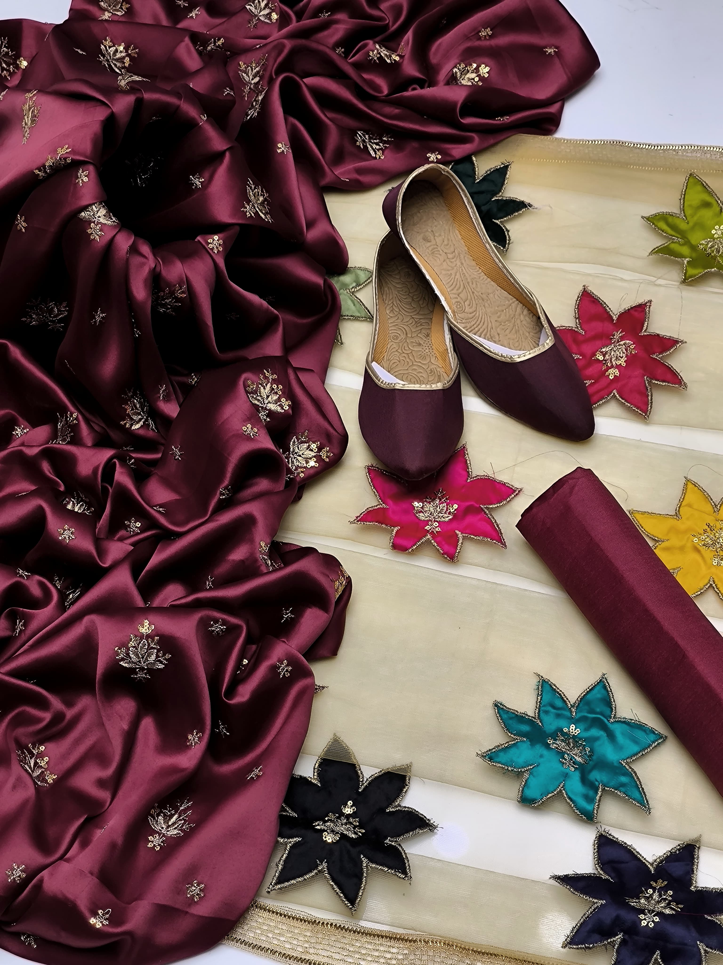 3-Piece Unstitched Shamoz Silk Dress – Jhumka Embroidery with Net Dupatta & Free Khussa