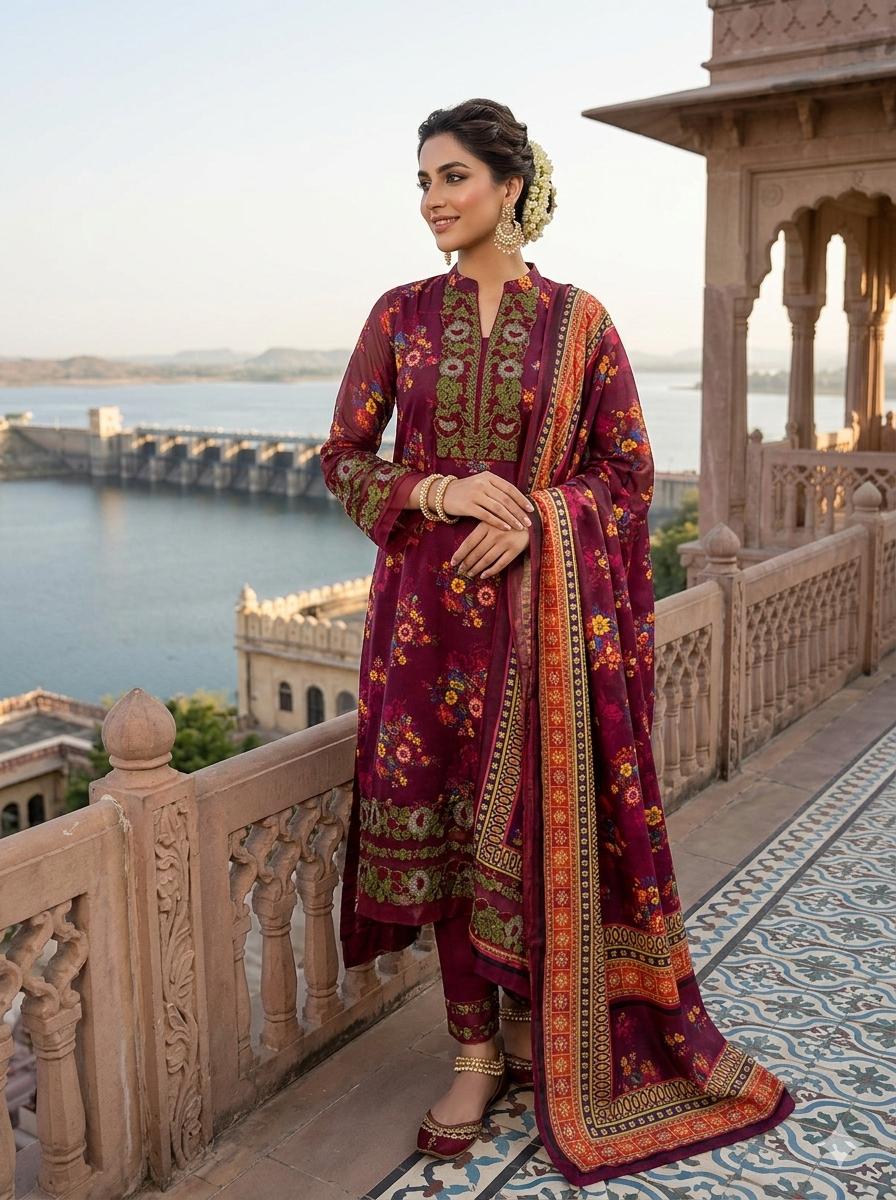 Eid Collection 3 Piece Digital Lawn Suit – 90/70 Lawn Shirt with Gala, Daman & Sleeves Patch + Digital Printed Trouser
