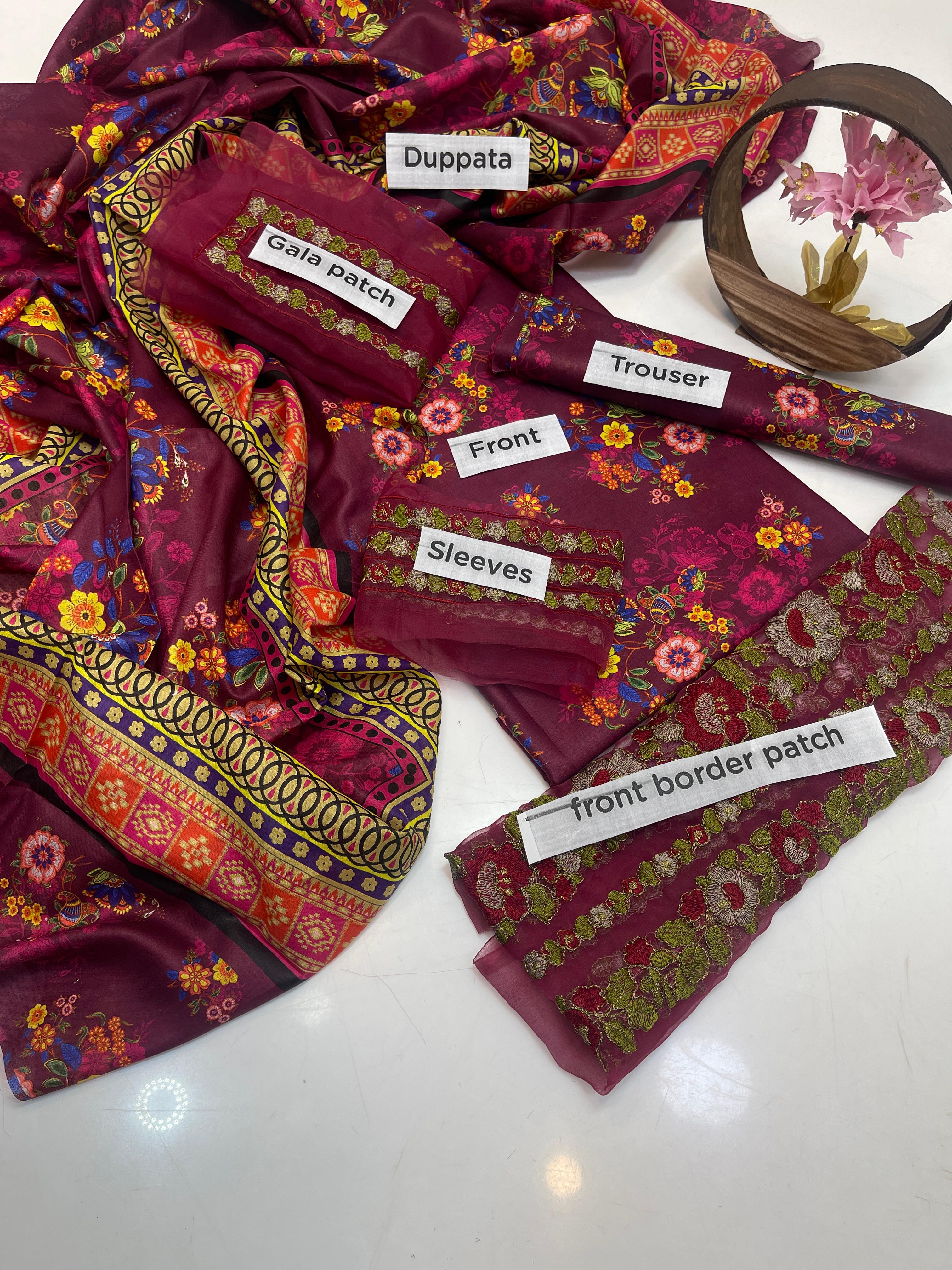 Eid Collection 3 Piece Digital Lawn Suit – 90/70 Lawn Shirt with Gala, Daman & Sleeves Patch + Digital Printed Trouser