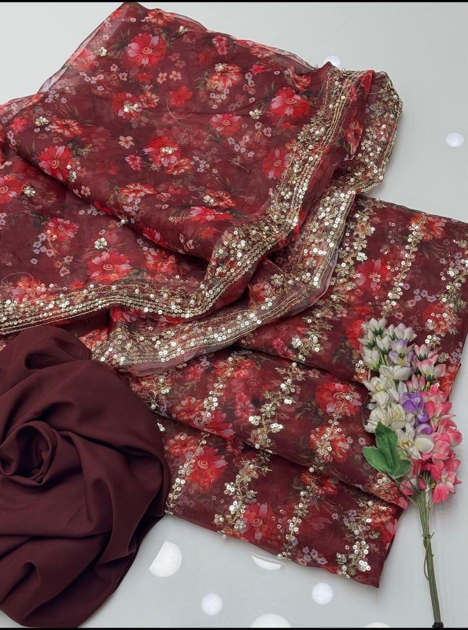 3PC Organza Digital Embroidered Suit – Pearl Work Front & Back Shirt, Printed Pearl Border Dupatta & Kataan Silk Trouser