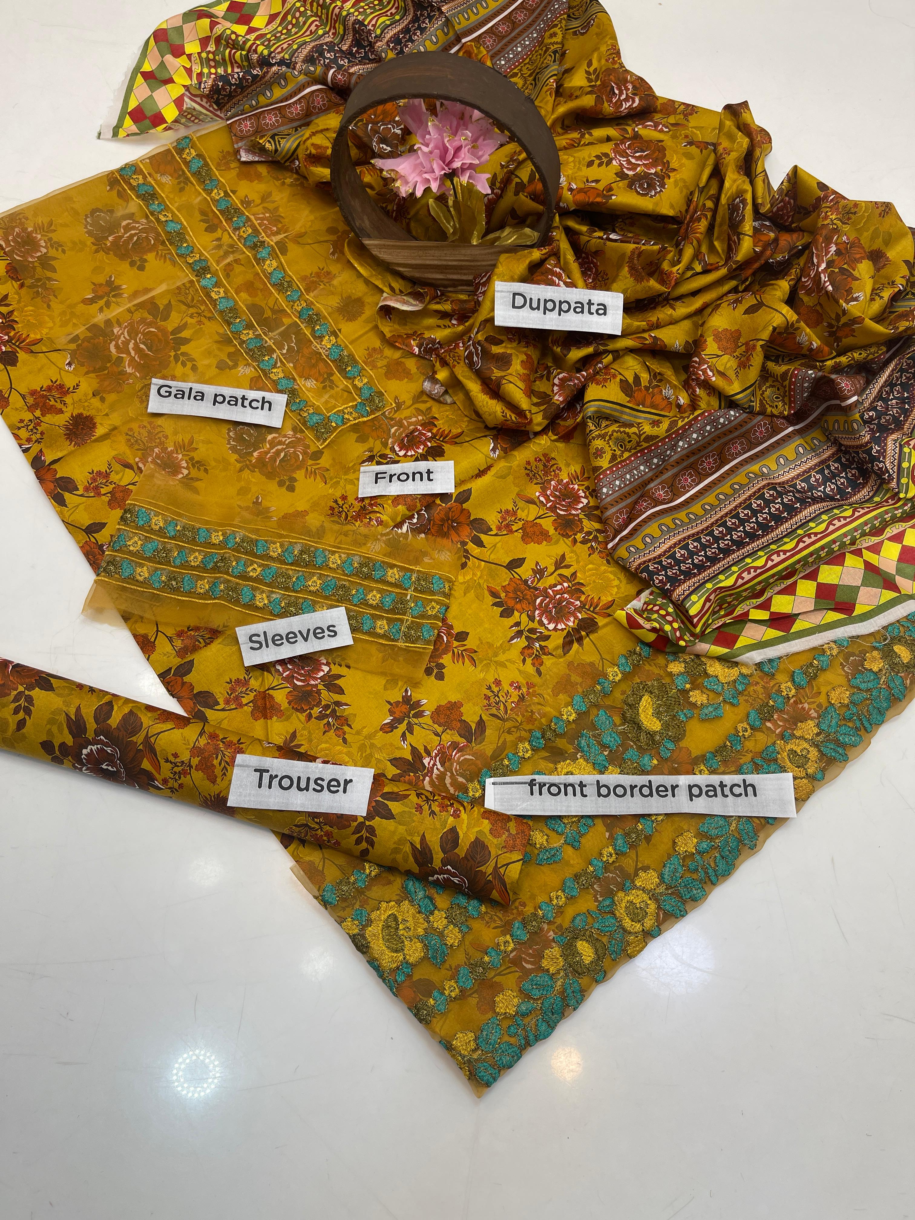 Eid Collection 3 Piece Digital Lawn Suit – 90/70 Lawn Shirt with Gala, Daman & Sleeves Patch + Digital Printed Trouser